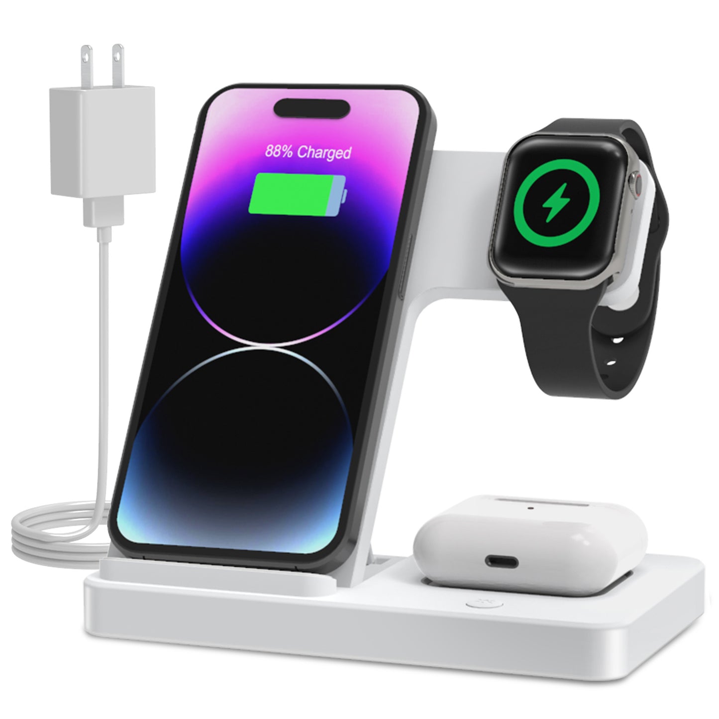 Wireless Charger iPhone Charging Station: 3 in 1 Charger Stand Multiple Devices for Apple - iPhone 15 14 Pro Max 13 12 11 - Watch 8 7 6 5 4 3 2 Se - Airpods 3 2 Pro (White)