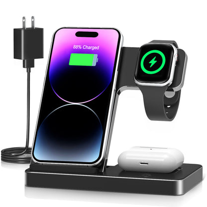 Wireless Charger iPhone Charging Station: 3 in 1 Charger Stand Multiple Devices for Apple - iPhone 15 14 Pro Max 13 12 11 - Watch 8 7 6 5 4 3 2 Se - Airpods 3 2 Pro (Black)