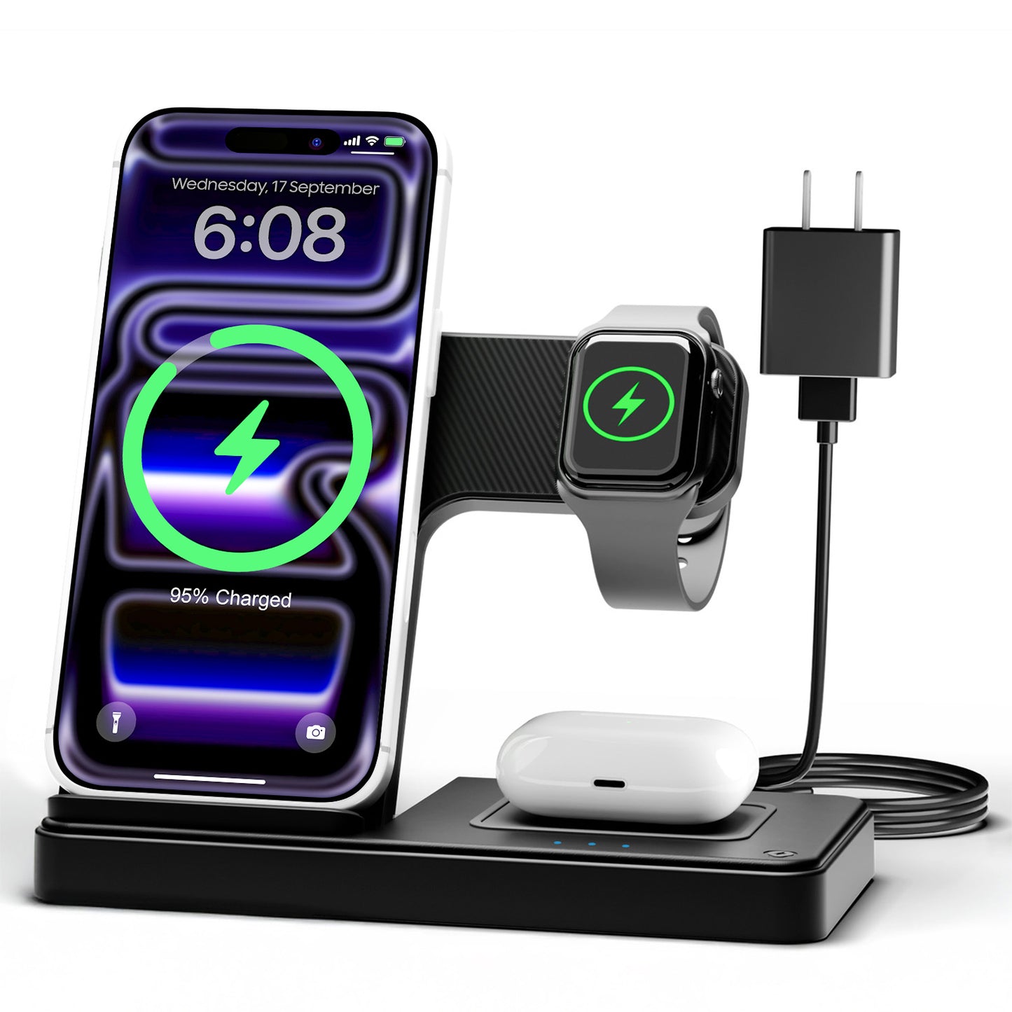 Wireless Charger iPhone Charging Station: 3 in 1 Charger Stand Multiple Devices for Apple - iPhone 16 15 14 Pro Max 13 12 11 - Watch 10 9 8 7 6 5 4 3 2 SE and Ultra Series - Airpods 4 3 2 Pro