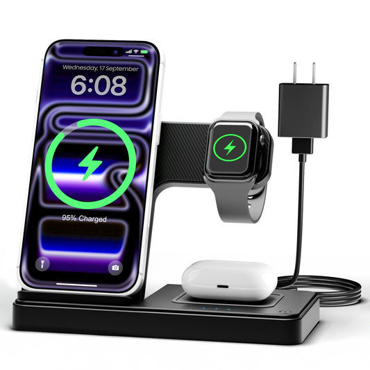 Wireless Charger iPhone Charging Station: 3 in 1 Charger Stand Multiple Devices for Apple - iPhone 16 15 14 Pro Max 13 12 11 - Watch 10 9 8 7 6 5 4 3 2 SE and Ultra Series - Airpods 4 3 2 Pro