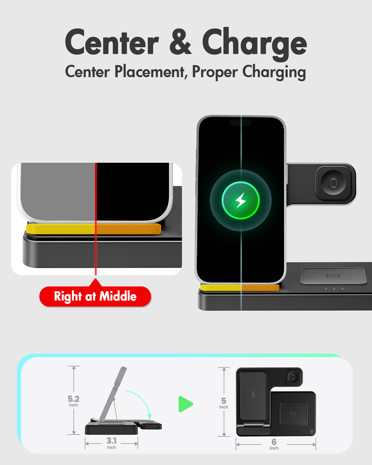 Wireless Charger iPhone Charging Station: 3 in 1 Charger Stand Multiple Devices for Apple - iPhone 16 15 14 Pro Max 13 12 11 - Watch 10 9 8 7 6 5 4 3 2 SE and Ultra Series - Airpods 4 3 2 Pro